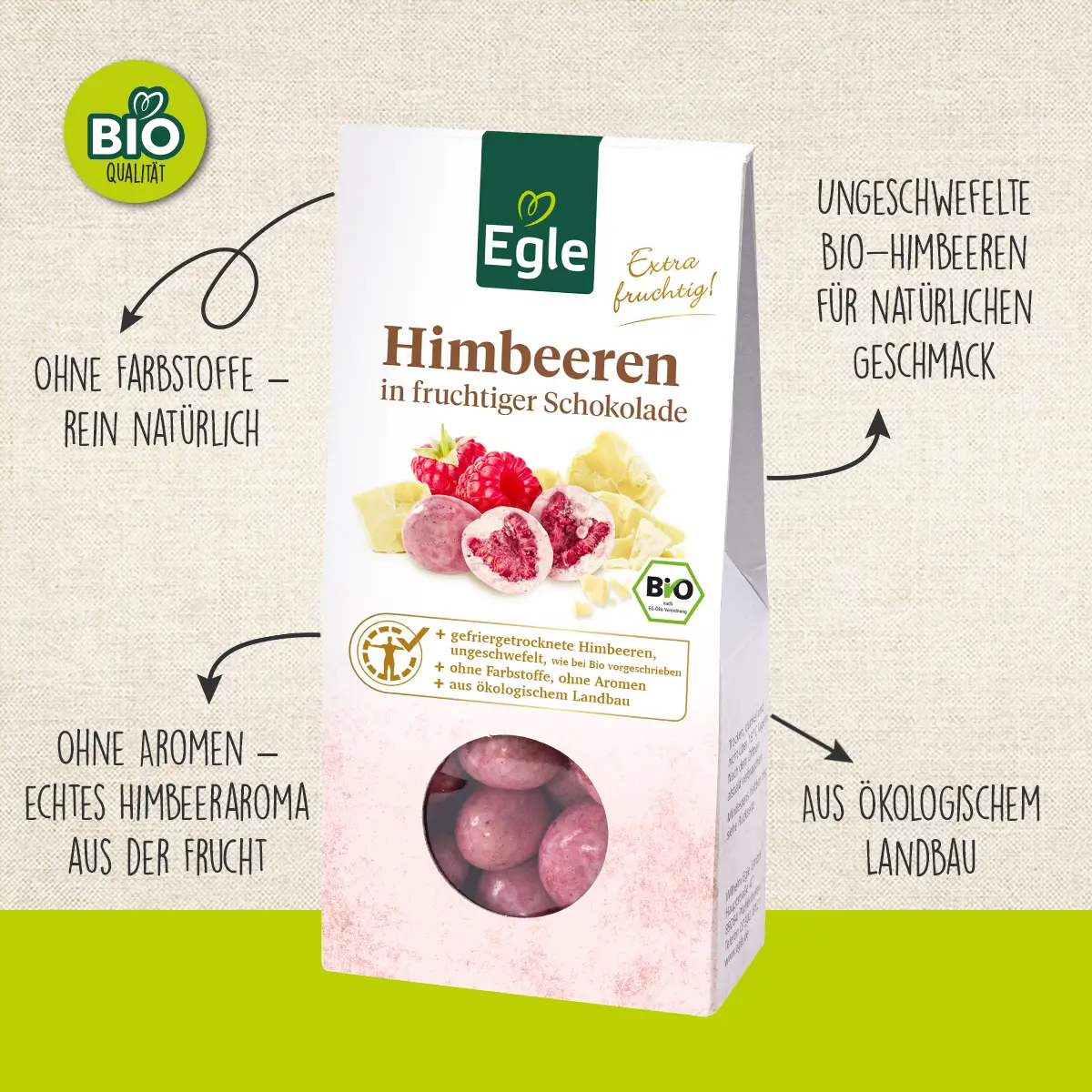 BIO Himbeeren in fruchtiger Schokolade, 90 g