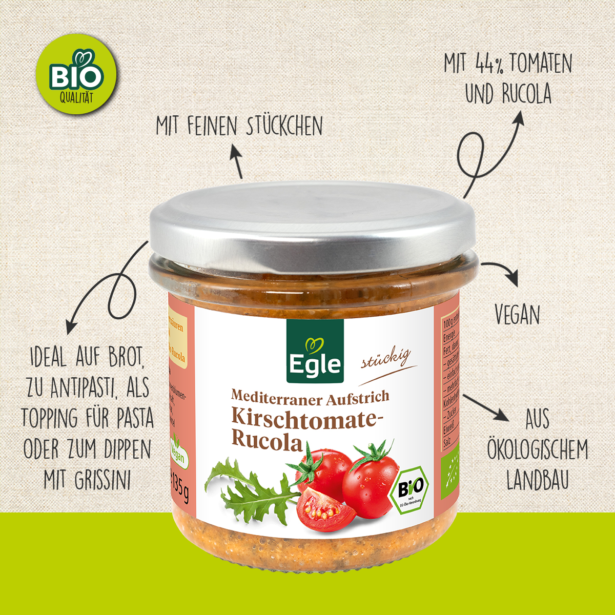 BIO Mediterraner Aufstrich Kirschtomate-Rucola, 135 g