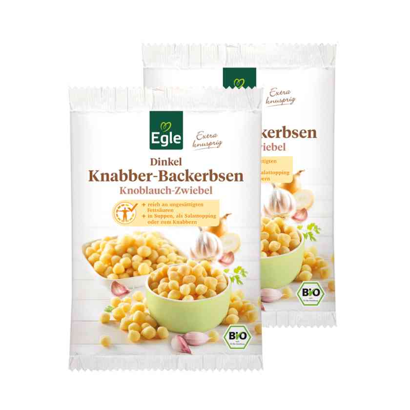 BIO Dinkel-Knabber-Backerbsen Knoblauch-Zwiebel, 2 x 100 g
