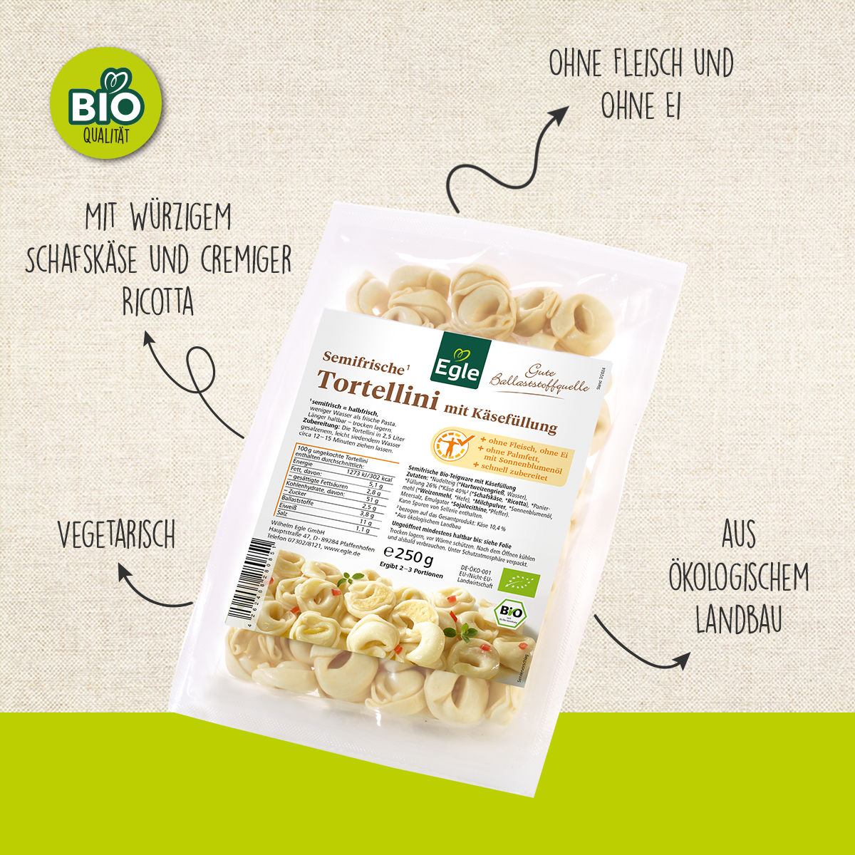 BIO Tortellini mit Käsefüllung, 250 g